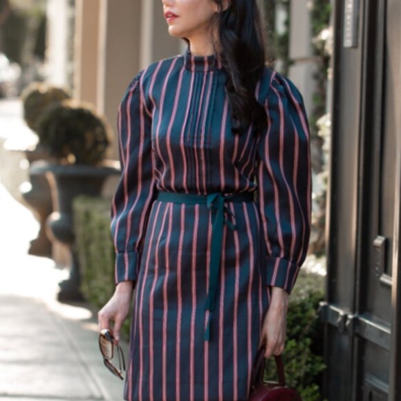 NWOT SANDRO Ladies Deep Navy Blue Striped Respect Satin Mini Dress XS $305 - Picture 1 of 8